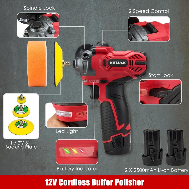 KITLUCK Cordless Buffer Polisher, 12V Mini Wax Buffer & Sander with 2 X 2.5Ah Battery & Charger, 1/2/3" Backing Plate, 40pcs Polishing Pads, Variable Speed for Car Detailing/Buffing/Sanding/Waxing - Image 2